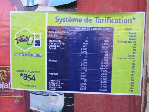 A mobile money price list, in French. Photo by Erin B. Taylor